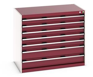 40021021.** Bott Cubio drawer cabinet with overall dimensions of 1050mm wide x 650mm deep x 900mm high Cabinet consists of 5 x 100mm and 2 x 150mm high drawers 100% extension drawer with internal dimensions of 925mm wide x 525mm deep. The drawers have a...